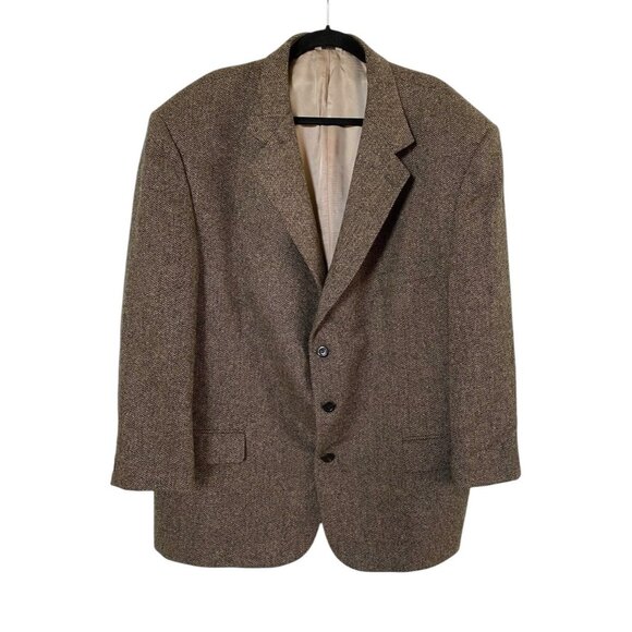 VTG Bill‎ Blass Mens Herringbone Tweed Brown Tan 100% Pure Wool Blazer Jacket 55 - Picture 1 of 9